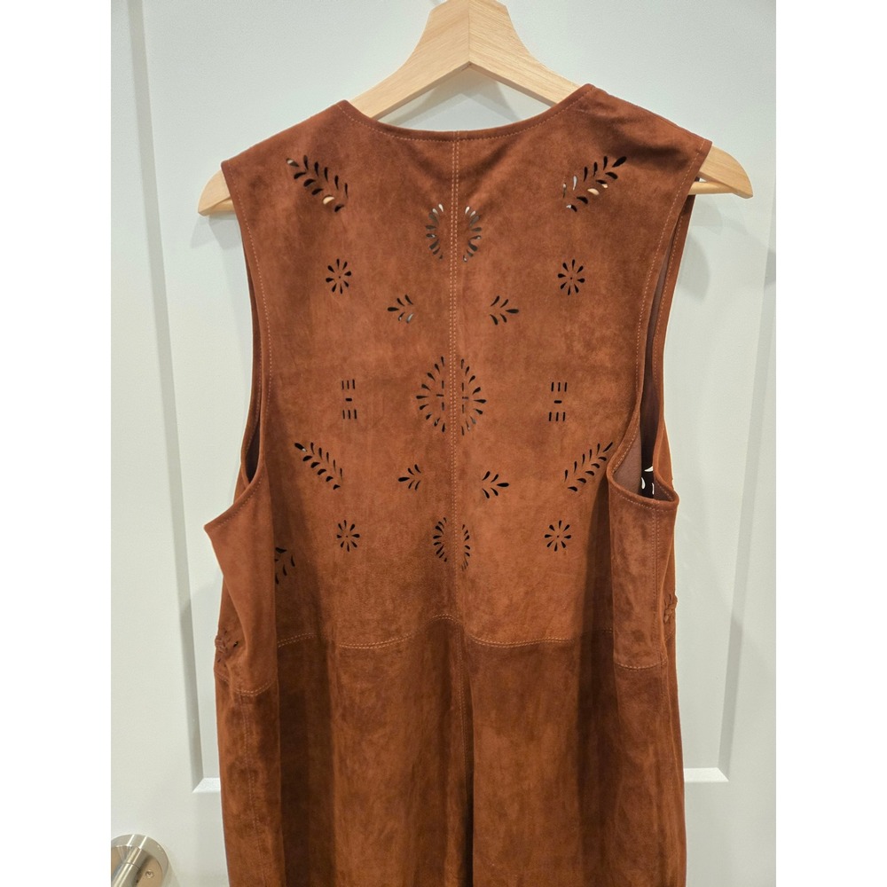 Sundance Brown Leather Suede Boho Fringe Duster Vest Laser Cut Floral Large - Picture 10 of 12